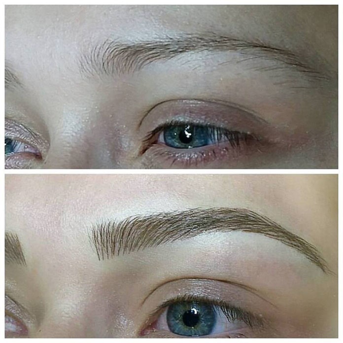 Microblading Microblading — sobrancelhas antes e depois do desenho fio a fio